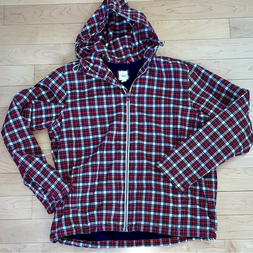 Lands' End Canvas Red and White and Black Plaid Hooded Jacket size large zip up